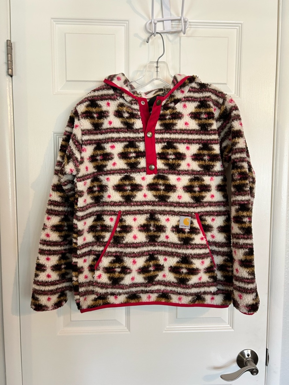 Girls Carhartt Fleece Blanket Jacket with Pink Trim and Aztec Print sz XL